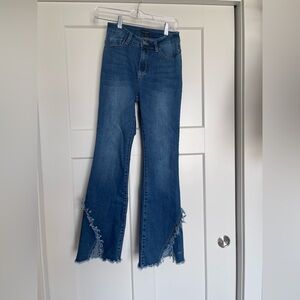 Coco + Carmen Blue Flare Jeans with Frayed Hem